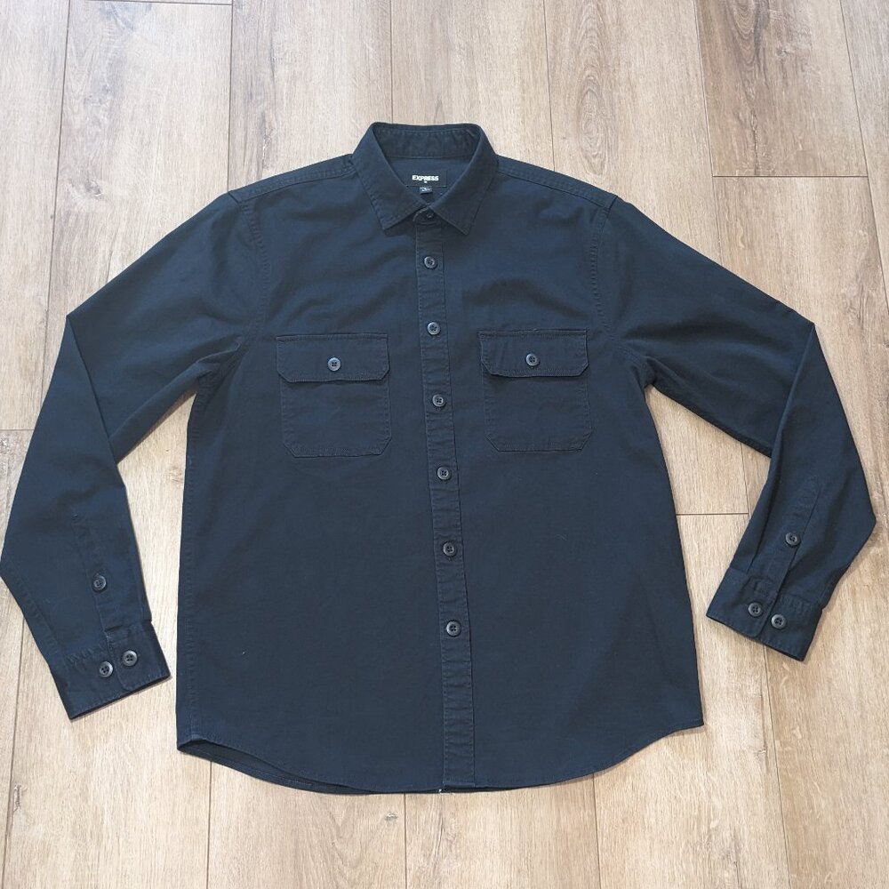 NWT EXPRESS $75 SOLID BLACK STRETCH DRESS SHIRT HEAVY COTTON Sz Small
